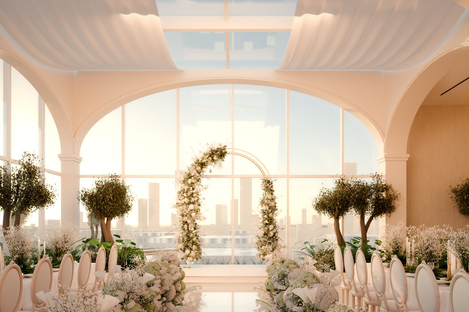 Phối cảnh MAISON NOVE: lối đi lễ cưới lúc hoàng hôn